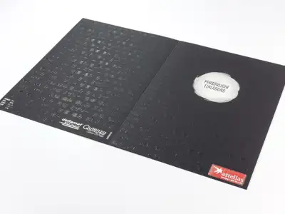 Event invitation with tactile UV gloss varnish and white print on black, uncoated cardboard