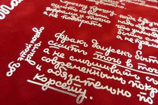 Silberne Folienprägung auf samtartigem roten Einbandmaterial (Velourpapier, beflocktes Papier)