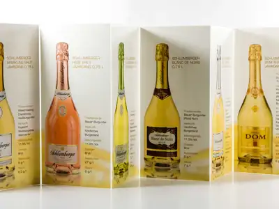 Flappi Mappi presentation folder for a sparkling wine producer with one product on each side as a decorative table display