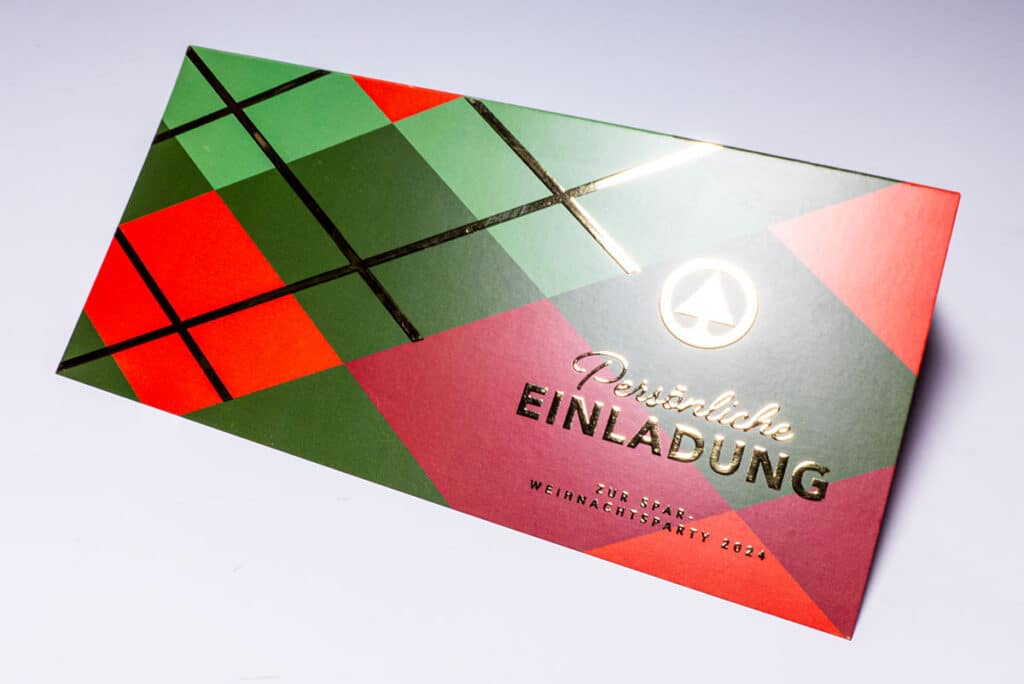 Einladung mit digitaler Veredelung in Gold glänzend echtmetallisch und tastbar erhaben