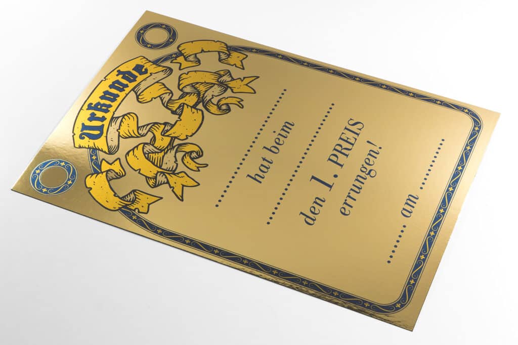 Urkunde gedruckt auf simsa Metalpaper Gold glänzend