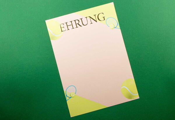 Ehrung Vordruck Tennis, Gold Reliefprägung, DIN A4