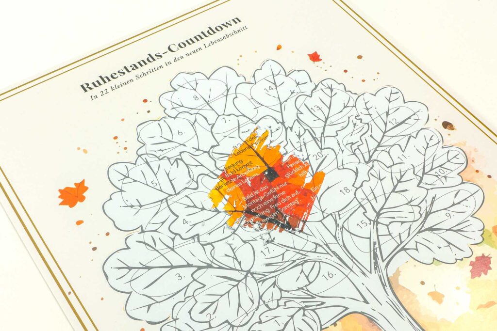 Ruhestandskalender mit zweifarbigem Rubbel, teils aufgerubbelt